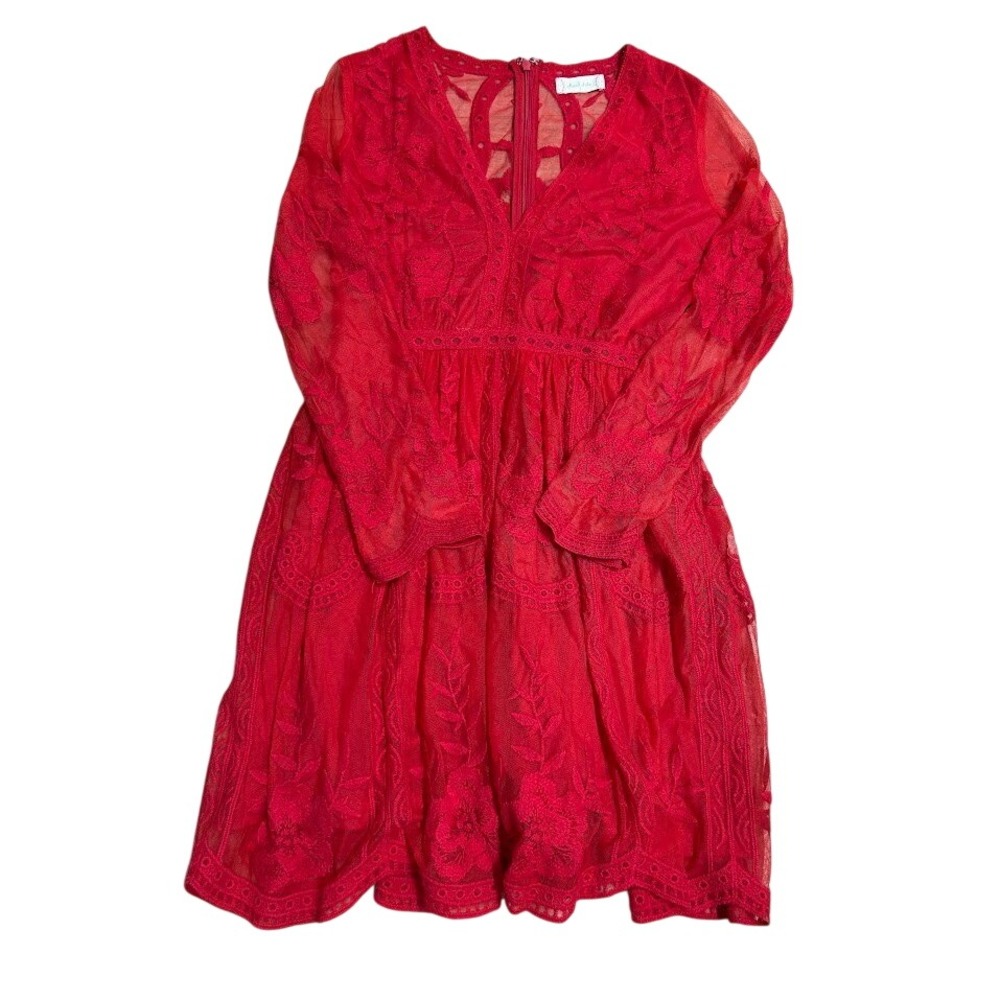Altar'd State Red Floral Lace Long Sleeve Mini Dress V-Neck Eyelet Trim Small